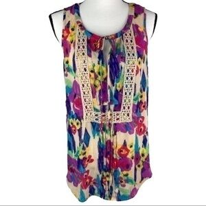 DR2 Top Multi Color Floral Print Boho Sleeveless Keyhole Tie Neck Tank Top Sz M